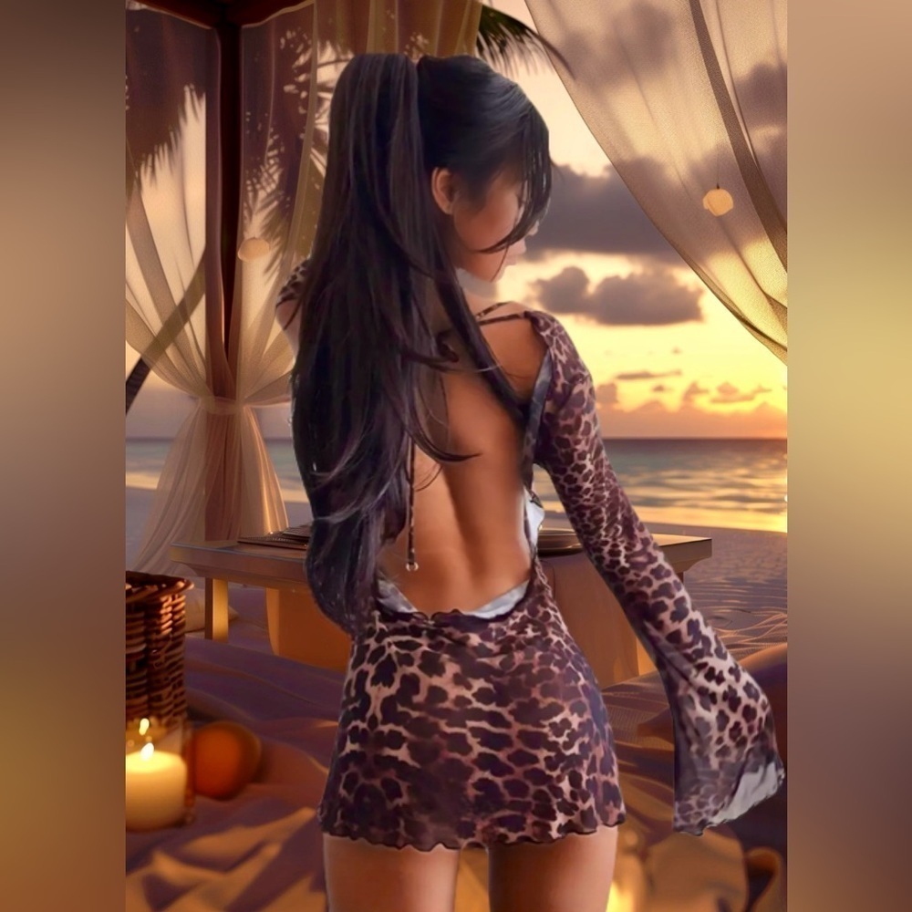 Flirty Leopard Mesh Flared Sleeves Backless Babydoll Mini Dress Coverup